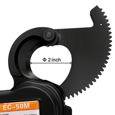 Cordless Ratcheting Cable Cutter blade detail, 2-inch diameter, alloy steel for heavy-duty electric wire cutting, EC-50M model.
