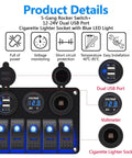 Waterproof 5 Gang Rocker Switch Panel with USB, voltmeter, blue LED for 12V-24V boats, cars, RVs, trucks, marine grade aluminum.