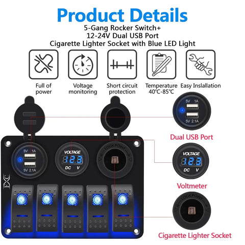Waterproof 5 Gang Rocker Switch Panel with USB, voltmeter, blue LED for 12V-24V boats, cars, RVs, trucks, marine grade aluminum.