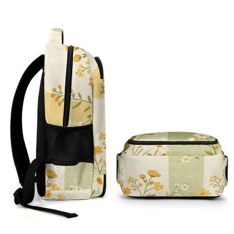 Side and top view of Yellow Green Plaid Floral Print Backpack for Everyday Use, showing floral design and multiple pockets.