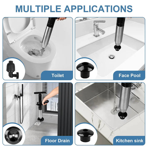 Rid Your Drain of Gunk Fast With Auto Air Pressure Plunger Blast Heavy Duty Sink Tube Kitchen Tool Portable Pumpless Action For A No Sweat Cleanup At Home in use on toilet, sink, and floor drain.
