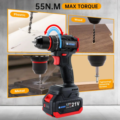 21V Cordless Workhorse Drill With 60Nm Torque And 1750Rpm Variable Speed Running Rock Solid On Dual Lithium Batteries Along With 17 Versatile Bits For No Sweat Diy Crews And Pros in use on wood and metal surfaces.