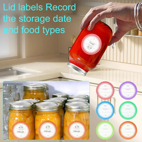Electric Mason Jar Vacuum Sealer Kit with auto-stop shown sealing jars with various labeled lids and food storage labels.