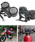 Thinking Process: digital motorcycle speedometer and tachometer kit in black PP T material, front and rear view with wiring