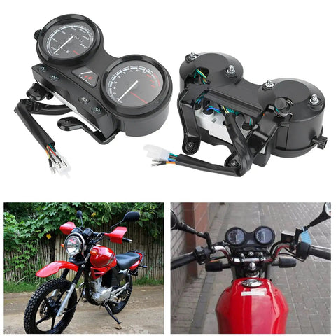 Thinking Process: digital motorcycle speedometer and tachometer kit in black PP T material, front and rear view with wiring
