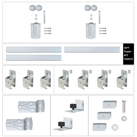 12 Foot Heavy Duty Galvanized Steel Exterior Sliding Barn Door Hardware Kit For Outdoor Use With 450 Lb Capacity And Black Powder Coated Anti Corrosion Finish Designed To Fit A Single Door Up To 72 Inches Wide, showing components including tracks, rollers, and brackets.