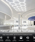 Hexagon LED Garage Lights 200W 20000LM 5 Grids 25 Pack Ceiling Shop Light 6500K Ultra Bright installed in modern showroom ceiling