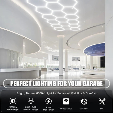 Hexagon LED Garage Lights 200W 20000LM 5 Grids 25 Pack Ceiling Shop Light 6500K Ultra Bright installed in modern showroom ceiling