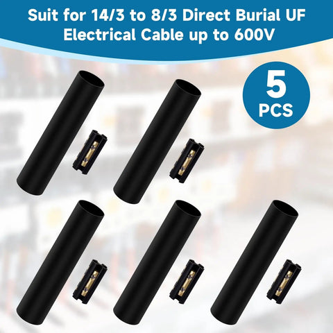Wire Splice Kit For 14/3 To 8/3 Direct Burial UF Cable 600V Max With Heat Shrink Tubes And Connectors 5 Set DIY