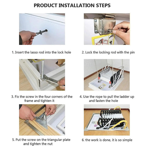 Installation steps for Smooth Operator Electric Attic Ladder With Rock Solid Armrests Pull Down Retractable Loft Staircase teaching secure setup.