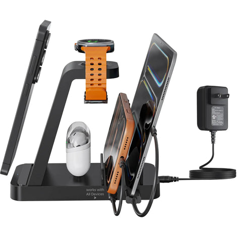 5-In-1 Do-It-All Galaxy Wireless Charging Station with devices docked, including watch, earbuds, and two phones, black