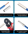 Pro Grade 166 Piece Wire Ferrules Kit With Silver Plated Copper Crimp Terminals showing installation steps for electrical cable connections.