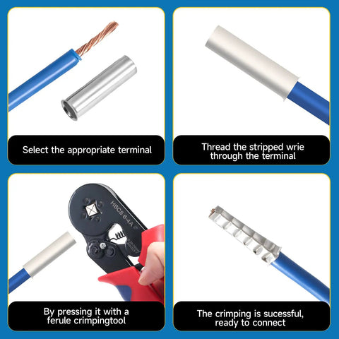 Pro Grade 166 Piece Wire Ferrules Kit With Silver Plated Copper Crimp Terminals showing installation steps for electrical cable connections.