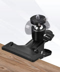 Heavy Duty Camera Mount Clip With 360 Degree Ball Head, Black Spring Clamp for DSLR on wooden desk, side view