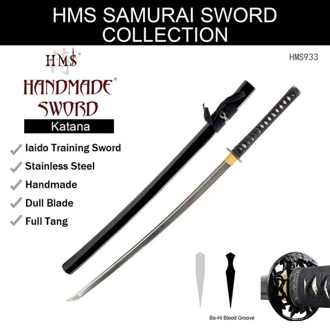 Stainless Steel Katana Iaito For Iaido Training with bamboo tsuba, 28 inch unsharpened blade with fuller groove, black saya