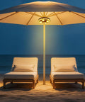 Warm White Cordless Umbrella Light With 3 Brightness Modes, 28 LEDs Up To 200 Lumens illuminating beach loungers under an umbrella.