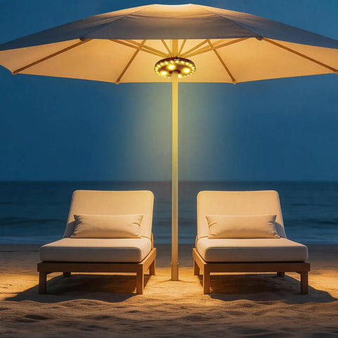 Warm White Cordless Umbrella Light With 3 Brightness Modes, 28 LEDs Up To 200 Lumens illuminating beach loungers under an umbrella.