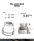 Image showing Built Tough Malleable Iron Reducing Coupling Threaded Pipe Fitting Connector 6X4 Inch specifications, size and weight.