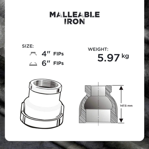 Image showing Built Tough Malleable Iron Reducing Coupling Threaded Pipe Fitting Connector 6X4 Inch specifications, size and weight.