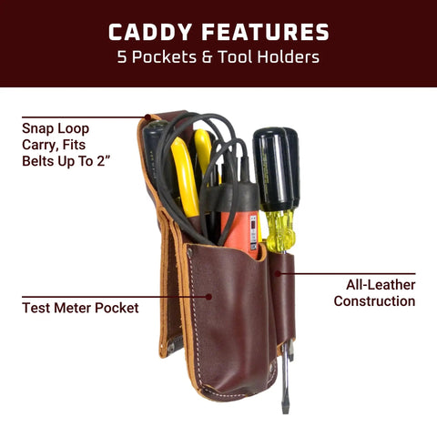 Electrician Pocket Caddy With Five Tool Pockets And Holders Full Leather Belt Pouch Up To 2 Inch Wide Made In USA Built Tough