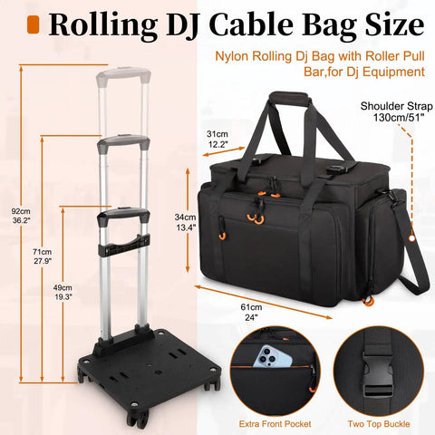 Rolling DJ Cable Bag With Laptop Pocket And Microphone Pocket Gear Case With 5 Fixed Compartments And Retractable Handle