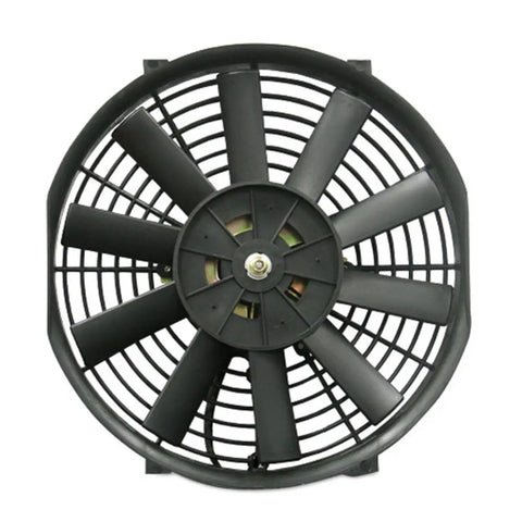 Ultra Slim Electric Radiator Fan Sick High Output Cooling Blower in matte black, showcasing fan blades and protective grill.