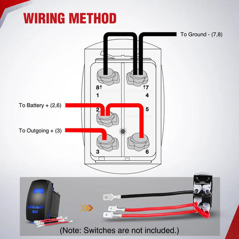Diagram showing wiring method for 5 Pin Rocker Switch Jumper Wires Set For Automotive And ATV Console Wiring With Tin Plated Copper Terminals And 14 AWG Copper Wire No Hassle Install For Polaris Ranger RZR Boats RVs Trucks Dash Switch Not Included.