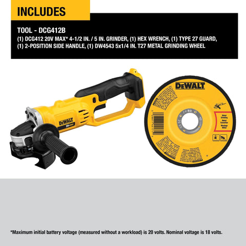DeWalt DCG412B 20V MAX cordless 4-1/2 in angle grinder with side handle.