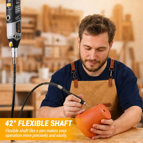 Beast Mode 1.5 Amp Rotary Tool Kit With 42 Inch Flex Shaft, Six Variable Speeds From 8,000 To 35,000 RPM, 129-Piece Accessories Set For Cutting, Sanding, Grinding, Carving, Polishing And DIY Projects, man carving pottery