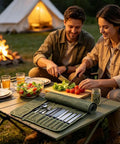 Pro Grade Heavy Duty Waxed Canvas Knife Roll Case For Chefs on camping table with utensils next to people preparing food