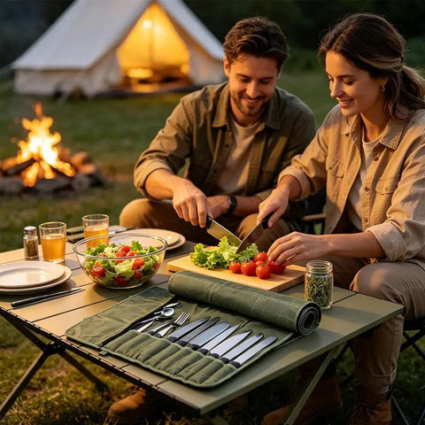Pro Grade Heavy Duty Waxed Canvas Knife Roll Case For Chefs on camping table with utensils next to people preparing food
