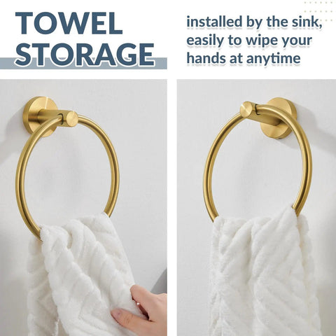 Wall Mounted Brushed Gold Towel Ring Crafted From Solid 304 Stainless Steel Rustproof And Built Tough For Bathroom Decor Or Kitchen Sink Station That Holds Up Under Pressure While Looking Fresh And Making Your Space Pop, installed by the sink with a white towel.