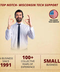 Customer service representative with headset, Wisconsin tech support details, and USA flag badge.