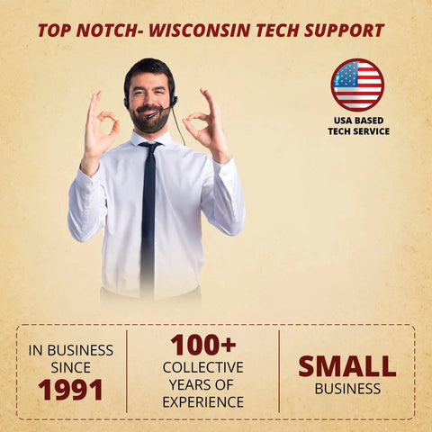 Customer service representative with headset, Wisconsin tech support details, and USA flag badge.