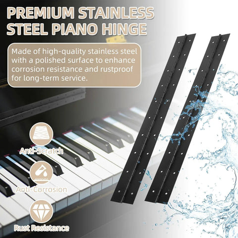 Two Pack Heavy Duty Piano Hinges 36 Inch Stainless Steel Continuous Barrel Hinges With Mounting Screws Black Hardware For Wood Doors And Cabinets Built To Take A Beating With Smooth Operation And Zero Sag, shown with polished surface and piano keys.