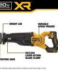 Fast Cutting 20V Max XR Brushless Cordless Reciprocating Saw Tool Only With 1-1/8 Inch Stroke, Beast Mode Power For Demolition with LED, speed trigger, and blade clamp features.