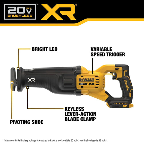 Fast Cutting 20V Max XR Brushless Cordless Reciprocating Saw Tool Only With 1-1/8 Inch Stroke, Beast Mode Power For Demolition with LED, speed trigger, and blade clamp features.