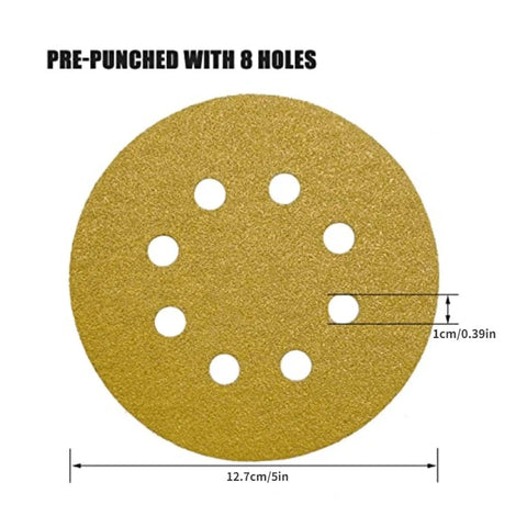 50 Pack Of 5 Inch Hook Loop Sanding Discs With Eight Holes For Fast Dust Extraction, aluminum oxide pre-punched sanding disc.
