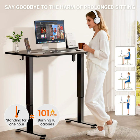 47.2 Inch Standing Desk With Adjustable Height And Wood Top For Home Office And Gaming, person using desk with computer