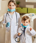 Kids Doctor Lab Coat Set With Stethoscope And Name Tag For Dress Up Scientist Costume For Boys And Girls Ages 3 To 12 White Size 130CM Soft Fabric For Sensitive Skin With Real Stethoscope And Name Tag Included For Believable Pretend Play, two children wearing lab coats and stethoscopes