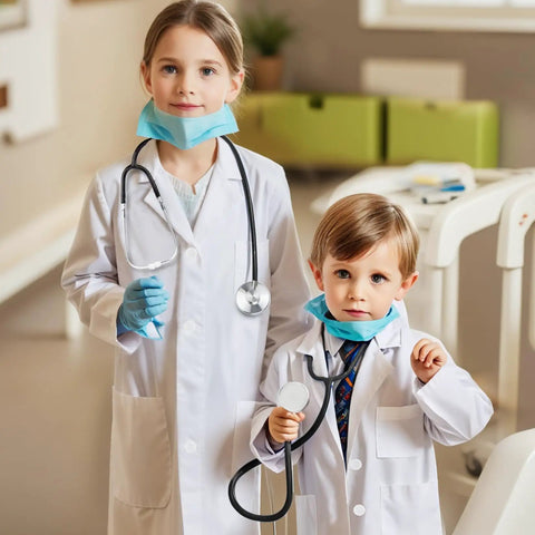 Kids Doctor Lab Coat Set With Stethoscope And Name Tag For Dress Up Scientist Costume For Boys And Girls Ages 3 To 12 White Size 130CM Soft Fabric For Sensitive Skin With Real Stethoscope And Name Tag Included For Believable Pretend Play, two children wearing lab coats and stethoscopes