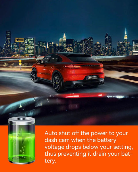 OBD Hardwire Power Cable With LED Screen shows low voltage protection for dash cam in a city at night, illustrating 24/7 parking surveillance.
