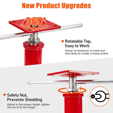 Built Like A Tank Heavy Duty 4 Pack Foundation Jacks adjustable 360° top and safety nut for easy basement repairs.