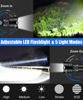 900000 Lumen Rechargeable Flashlight With USB Charging, XHP70.2 LED Handheld Spotlight For Emergencies, Camping, IP67 Waterproof. Zoom in and out feature, 5 light modes included.