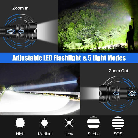 900000 Lumen Rechargeable Flashlight With USB Charging, XHP70.2 LED Handheld Spotlight For Emergencies, Camping, IP67 Waterproof. Zoom in and out feature, 5 light modes included.