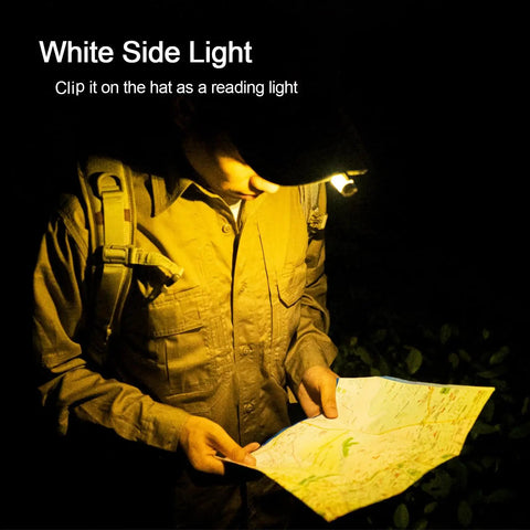 Person using Rechargeable USB C EDC Flashlight Keychain Mini Light 650 Lumens clipped on cap as reading light outdoors