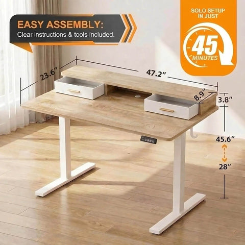 Electric Standing Desk With Two Drawers Sit To Stand Height Adjustable Computer Desk With Storage Shelf 47 By 24 Inch Oak Finish
