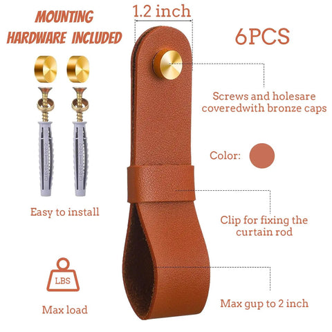 Close-up of brown leather curtain rod holder with gold cap, part of Six Piece Robust Leather Curtain Rod Holders With Universal Wall Mount Kits.