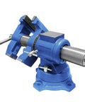 Heavy Duty 4 Inch Bench Vise With 360 Degree Swivel Base And Anvil, blue ductile iron construction, angled view