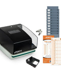 Zero Drama Digital Time Clock And Date Stamp Bundle Includes 100 Time Cards And Heavy Duty Rack, featuring digital clock, time cards, and rack.